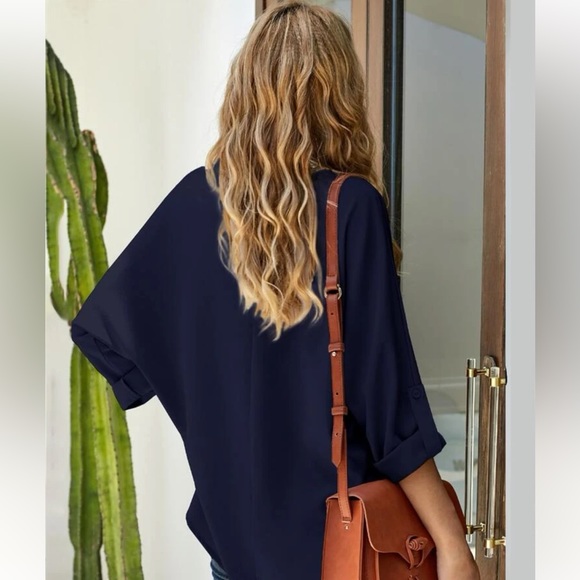 Roll-Up Sleeve V-Neck Blouse - Picture 4 of 5
